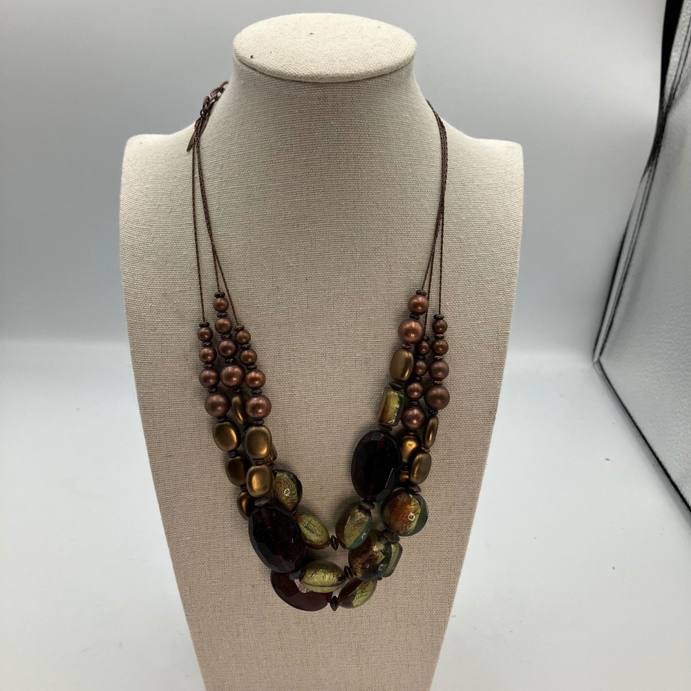 Coldwater Creek Bronze Copper Multi Strand Beaded Statement Necklace Foil Glass